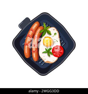 Scrambled eggs and sausages in a frying pan. Fried tomato slice with herbs and egg. Healthy dinner. Healthy eating. Vector illustration Stock Vector