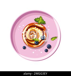 Appetizing pastries with sesame seeds and berries on a pink plate. Vegetables on toast. Sweet food for lunch. Self care. Vector illustration Stock Vector