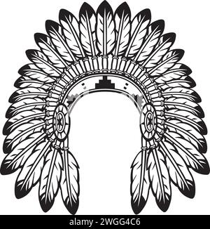 Native American Indian Chief Headdress Black and White. Vector Illustration. Stock Vector
