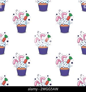 Easter cake with rabbits ears and carrot in cartoon style. Hand drawn seamless pattern with Easter bakery with bunny ears. Flat design. Doodle style. Illustration isolated on white background. Stock Vector