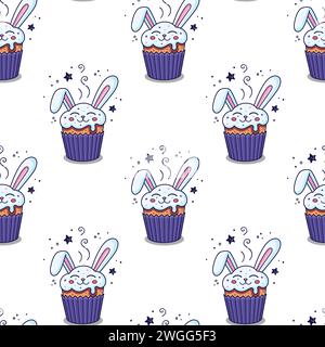 Easter cake - rabbit, hare, bunny in cartoon style. Hand drawn seamless pattern with Easter hare character. Flat design. Doodle style. Illustration isolated on white background. Stock Vector