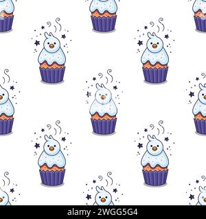 Easter cake with chick in cartoon style. Hand drawn Easter bakery with nestling. Easter chick cake seamless pattern. Flat design. Doodle style. Illustration isolated on white background. Stock Vector