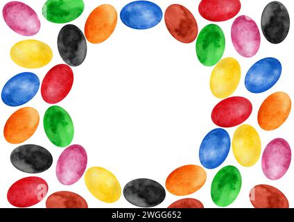 Round frame of multicolored ovals. Ellipses form circle and fill background around. Watercolor. Red, orange, yellow, green, blue, pink, brown, black c Stock Photo