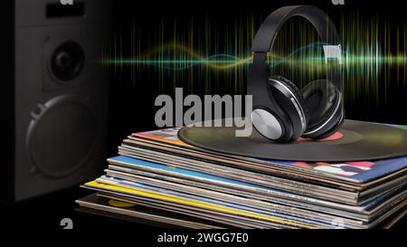 Pile of old vinyl discs, headphones and loudspeaker on black background with sound wave. Audiophile music concept Stock Photo