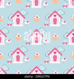 Seamless cute cartoon pattern with birds, birdhouses and clouds on a blue background. Stock Vector