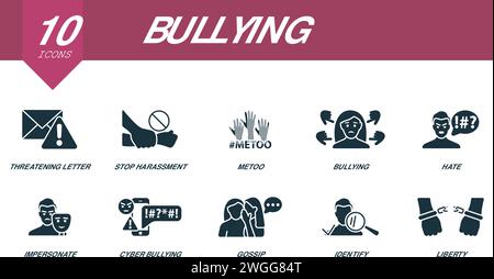 Bullying icons set. Creative icons: threatening letter, stop harassment, metoo, bullying, hate, impersonate, cyber bullying, gossip, identify, liberty Stock Vector