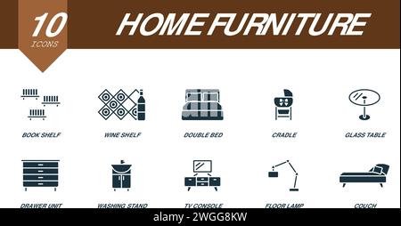 Home furniture icons set. Creative icons: book shelf, wine shelf, double bed, cradle, glass table, drawer unit, washing stand, tv console, floor lamp Stock Vector