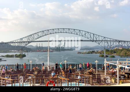 Bridge of the Americas (Puente de las Américas) from deck of Cunard Queen Victoria cruise ship, Panama City, Colon, Colon Province, Repubic of Panama Stock Photo