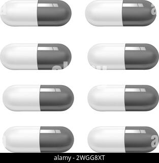 Set of realistic capsules pills with transparent shell isolated on transparent background. Variety of tablets with.  Stock Vector