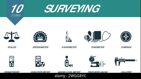 Surveying icons set. Creative icons: scales, speedometer, hygrometer, tonometer, compass, rangefinder, radiation meter, sound level meter, thickness Stock Vector