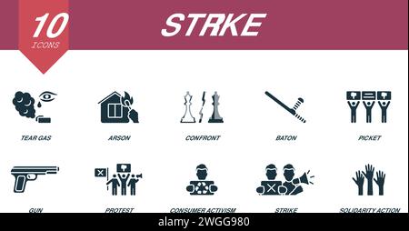 Strike icons set. Creative icons: tear gas, arson, confront, baton, picket, gun, protest, consumer activism, strike, solidarity action. Stock Vector