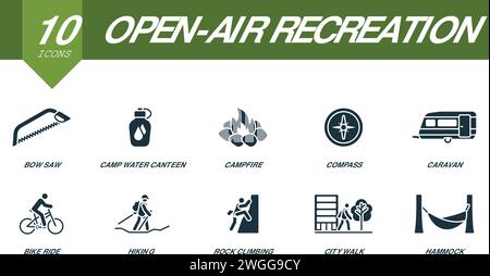 Open-air recreation icons set. Creative icons: bow saw, camp water canteen, campfire, compass, caravan, bike ride, hiking, rock climbing, city walk Stock Vector