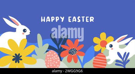 Hello spring, Summer time, Happy Easter, decorated modern style card, banner. Bunnies, flowers and basket. Colorful minimalist design Stock Vector