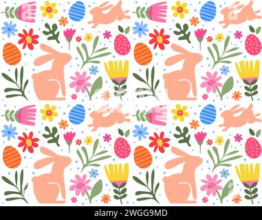 Spring, Happy Easter patterned background, decorated modern style card, banner. Patterned eggs with bunnies, flowers and basket. Colorful minimalist Stock Vector