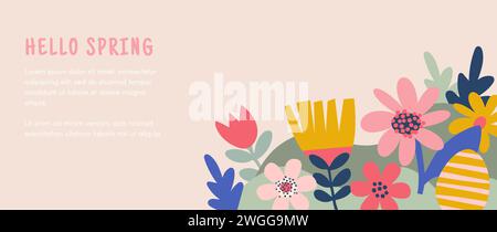 Hello spring, Summer time, Happy Easter, decorated modern style card, banner. Bunnies, flowers and basket. Colorful minimalist design Stock Vector