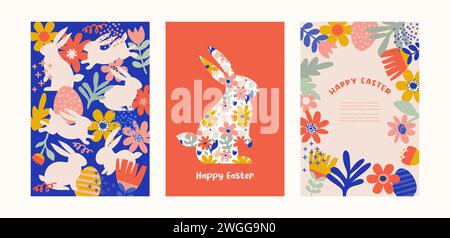 Happy Easter, decorated geometric style Easter cards, banners. Bunnies, Easter eggs, flowers and basket. Modern minimalist design Stock Vector