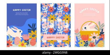 Happy Easter, decorated geometric style Easter cards, banners. Bunnies, Easter eggs, flowers and basket. Modern minimalist design Stock Vector