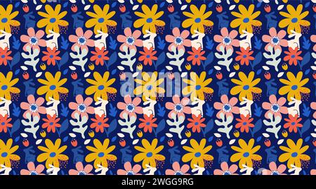 Spring, Happy Easter patterned background, decorated modern style card, banner. Patterned eggs with bunnies, flowers and basket. Colorful minimalist Stock Vector