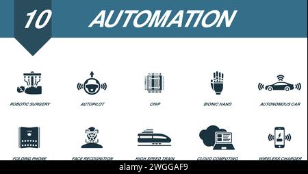 Automation set. Creative icons: robotic surgery, autopilot, chip, bionic hand, autonomous car, folding phone, face recognition, high speed train Stock Vector