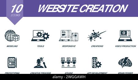 Website creation icons set. Creative icons: modeling, tools, responsive, creations, video production, prototyping, creative process, studio, app Stock Vector