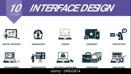 Interface design icons set. Creative icons: digital artwork, imagination, coding, branding, perception, programming, presentation, vector illustration Stock Vector