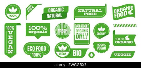 Vegan labels. Eco vegetarian food organic products, natural veganism concept symbols, organic farm fresh vegan icons. Vector isolated set. Green badges for packages with bio ingredients Stock Vector