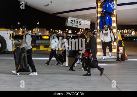 Las Vegas, USA. 04th Feb, 2024. The San Francisco 49ers exit a plane during Super Bowl 58 team arrivals at the Harry Reid International Airport in Las Vegas, Nevada on February 4, 2024. (Travis P Ball/Sipa USA) Credit: Sipa USA/Alamy Live News Stock Photo