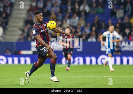 Barcelona, Spain. 04th, February 2024. Mohamed Bouldini (22) of Levante seen during the LaLiga 2 match between Espanyol and Levante at the Stage Front Stadium in Barcelona. (Photo credit: Gonzales Photo - Ainhoa Rodriguez). Stock Photo