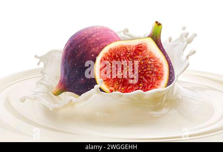 Figs falling into milk splash isolated on white background Stock Photo