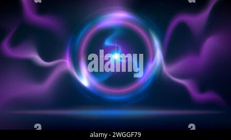 Abstract background circular pink blue purple lightning, electric discharge, arc. Shining ring. Spot of light. Illuminated stage, dark blue backdrop Stock Vector