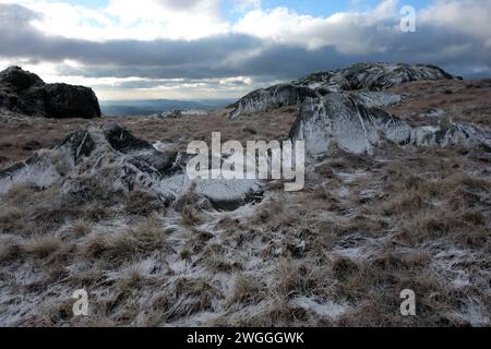 Frozen Rocks near the Summit of the Wainwright 'Tarn Crag' Longsleddale, Lake District National Park, Cumbria, England, UK. Stock Photo