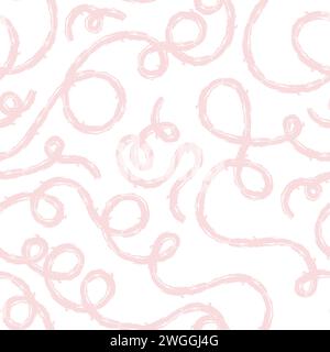 Seamless pattern of bright colorful abstract squiggles print, continuous line, textured scribble spiral and wavy lines. retro 80s. Chaotic ink crayon Stock Vector