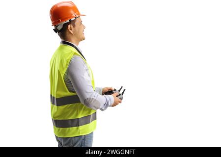 Engineer holding a drone remote controller isolated on white background Stock Photo