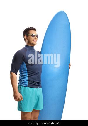 Man with sunglasses holding a surfing board and smiling isolated on white background Stock Photo