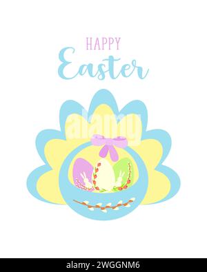 Beautiful Easter card with basket of eggs on pastel background and inscription Happy Easter. Vector illustration Stock Vector