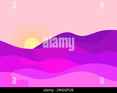 Landscape of wavy hills at sunset in a minimalist style. Dusk over the hills, purple and lilac shades. Boho decor. Design for printing banners, poster Stock Vector