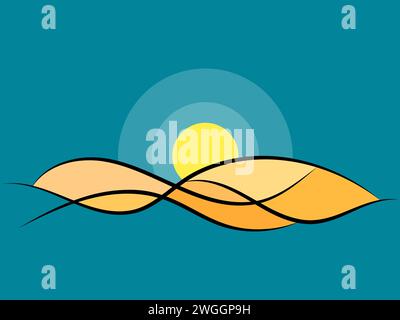 Desert landscape with sand dunes in line art style. Sunrise over the desert in minimalist style. Wavy landscape with dunes and sun. Design for banners Stock Vector