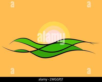 Sunset over wavy green hills in modern linear style. Landscape in the style of minimalism. Dawn over green fields. Design for posters, prints and bann Stock Vector