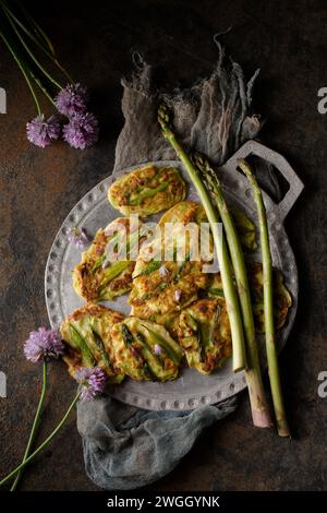 Organic pancakes with asparagus and onions Stock Photo