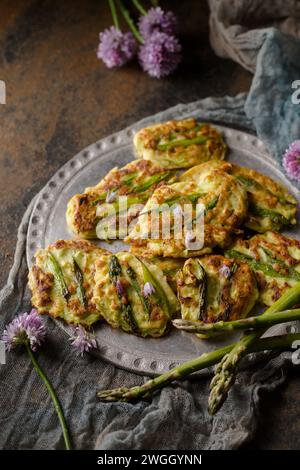 Organic pancakes with asparagus and onions Stock Photo