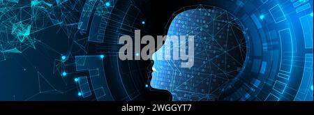 Artificial Intelligence. Technical background with a silhouette of a man. Big data concept. Machine cyber mind. Stock Vector