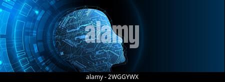 Artificial Intelligence. Technical background with a silhouette of a man. Big data concept. Machine cyber mind. Stock Vector