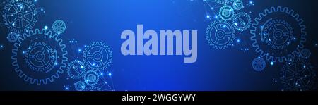 Abstract blue technological background  with cogwheels and plexus effect. Vector Stock Vector