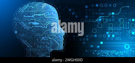 Artificial Intelligence. Technical background with a silhouette of a man. Big data concept. Machine cyber mind. Stock Vector