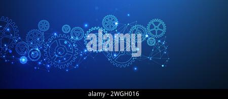 Abstract blue technological background  with cogwheels and plexus effect. Vector Stock Vector