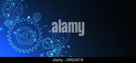 Abstract blue technological background  with cogwheels and plexus effect. Vector Stock Vector