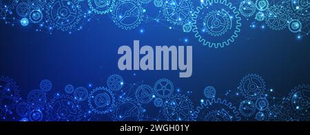 Abstract blue technological background  with cogwheels and plexus effect. Vector Stock Vector