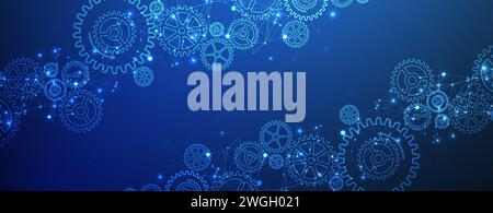Abstract blue technological background  with cogwheels and plexus effect. Vector Stock Vector