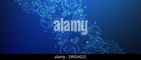 Abstract blue technological background  with cogwheels and plexus effect. Vector Stock Vector