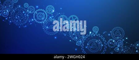 Abstract blue technological background  with cogwheels and plexus effect. Vector Stock Vector